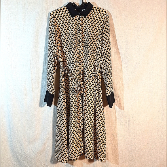 Sleeved Shirt Dress  🔶 🤍Orange & Black Pattern Collared Tie Belt - Picture 1 of 7